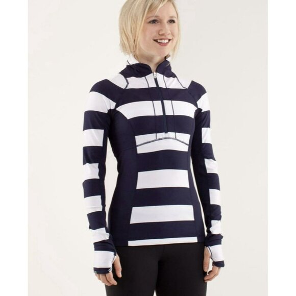 Lululemon Run: Switch Back 1/2 Zip Wide Bold Stripe White Deep Indigo Sz 10 EUC - Picture 1 of 5